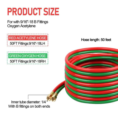 One Quarter Inch By Fifty Foot Oxygen Acetylene Twin Welding Hose Pro Grade Heavy Duty Grade R With Nine Sixteenth Inch B Fittings
