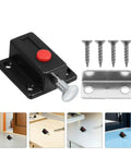 Spring Loaded Push Latch Kit For Cabinets And Wardrobes, Surface Mounted, Black ABS Zinc Alloy, screws and installation view