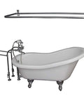 67 Inch Alcove Slipper Tub Filler Shower Rod Supply Kit Complete Set With Chrome Drain And White Accessories For Your Master Bathroom Upgrade Project That Is Hands Down A Total Dang Game Changer with chrome shower rod and white tub.