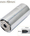 Side view of chrome universal socket sleeve adapter for wrenches; 7–19 mm range