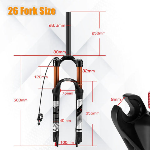 Travel 120mm Air Suspension Fork For Mountain Bikes With Rebound Adjust Manual And Remote Lockout, 26" Fork Size Measurements