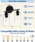 Snag This Top Shelf Matte Black Two Light Bathroom Vanity Fixture With Clear Glass Shades Solid Rust Resistant Construction Sconce with E26 socket dimensions.
