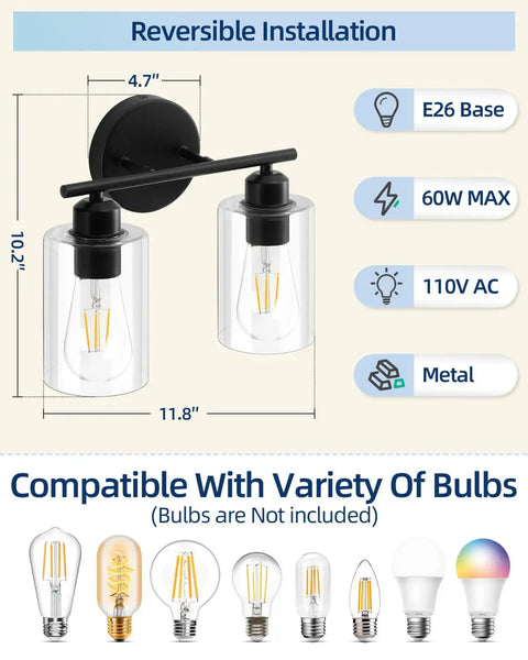 Snag This Top Shelf Matte Black Two Light Bathroom Vanity Fixture With Clear Glass Shades Solid Rust Resistant Construction Sconce with E26 socket dimensions.