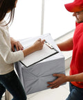 Person receiving parcel wrapped in White Poly Mailers 14.5 By 19 Inches, 100 Pack Self Seal Shipping Envelopes For Small Business.