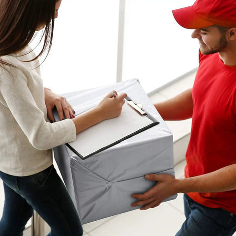 Person receiving parcel wrapped in White Poly Mailers 14.5 By 19 Inches, 100 Pack Self Seal Shipping Envelopes For Small Business.