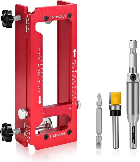 Pro Grade Durable Aluminum Door Hinge Jig Kit For Adjustable Mortise Template Fits 2.5 To 5 Inch Hinges With One Quarter Inch And Five Eighths Radius And Square Corners Router Jig With Precision Scale, shown with tools.