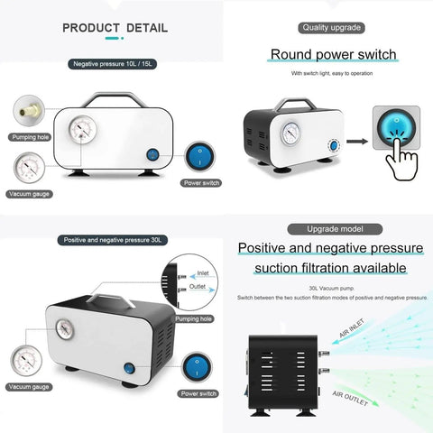 Oil Free Diaphragm Vacuum Pump For Filtration And Distillation Lab Work 0.075 To 0.085 MPa Ready To Handle 10 20 30 Liters Per Minute Fast Filtration No Oil Pro Grade Lab Vacuum Pump For Science Labs showing front and side views with power switch and pressure gauges.