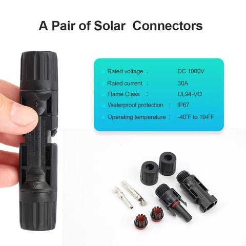 Waterproof Solar Panel Connector Kit 10 Pack 5 Pairs IP67 Male and Female PV Connectors For 10 To 12 AWG Cables 1000V 30A