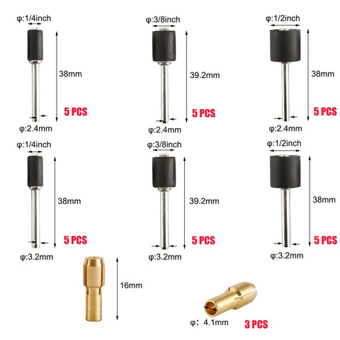 Pro Grade Sanding Drum And Sleeve Set Kit with multiple drum mandrels and chucks, includes size specifications