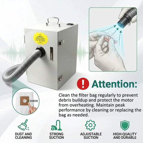 Killer 500W Industrial Benchtop Dust Collector And Lab Vacuum Extraction Unit For Fine Particle Removal Including Gypsum Resin And Metallic Debris With Hella Strong Suction Power, featuring a flexible hose.