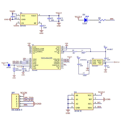 Schematic diagram of Two Pack GT U7 GPS Module for Drones with NEO-6M chip and wiring connections for microcontrollers.