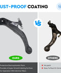 Front view of front lower control arm pair for Toyota Avalon/Sienna/Solara; new black coated arm vs old rusty arm.