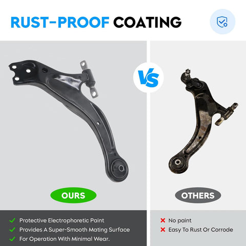Front view of front lower control arm pair for Toyota Avalon/Sienna/Solara; new black coated arm vs old rusty arm.