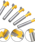 Five Piece T Slot Router Bit Set With 1/4 Inch Shank Keyhole Track Cutters image showing yellow C3 carbide blades for slots