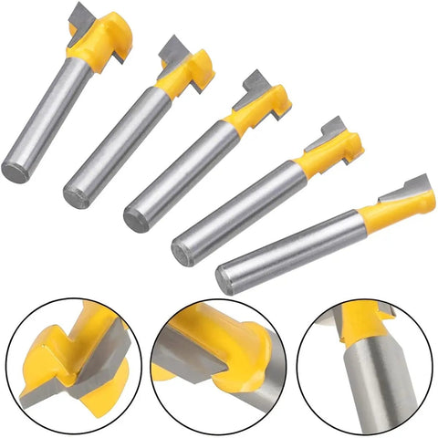 Five Piece T Slot Router Bit Set With 1/4 Inch Shank Keyhole Track Cutters image showing yellow C3 carbide blades for slots