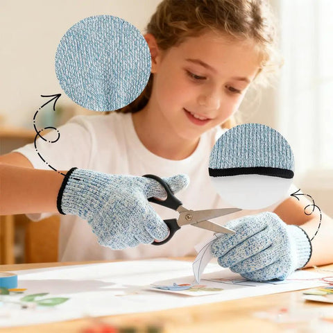 Child wearing 4 Pcs Cut Resistant Kids Gloves Ages 8 To 12 Level 5 Protection Food Grade Kid Safe For Cooking Kitchen Dishwashing Gardening And Woodworking Blue Durable And Flexible For Easy Handling In The Kitchen Or Workshop For Cooking Crafts And Diy Projects, cutting paper with scissors.