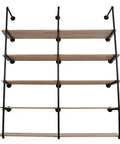 Industrial Pipe Shelf Five Tier 72 Inch Floating Pipe Book Shelves showcasing sturdy iron and natural wood finish.