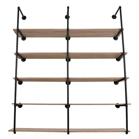 Industrial Pipe Shelf Five Tier 72 Inch Floating Pipe Book Shelves showcasing sturdy iron and natural wood finish.