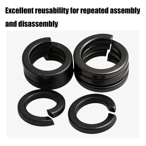 Black Slotted Stainless Steel Spring Lock Washers Anti Loosening Interlock Design Pro Grade Heavy Duty Metric Fasteners stacked and loose.