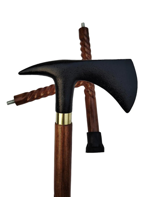 Black Handle Axe Walking Cane With Antique Lock Three Part Open Vintage Walking Stick Durable Aluminum And Wood Build