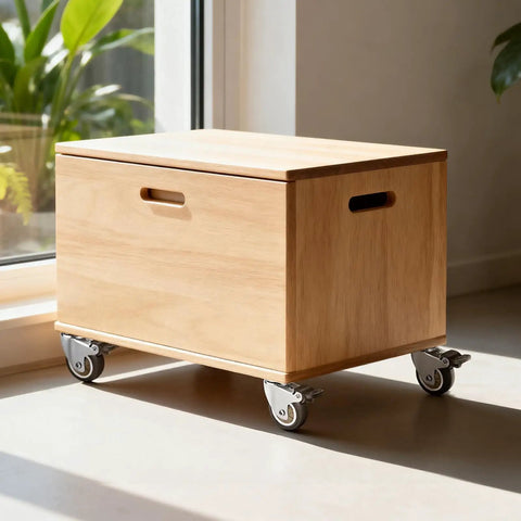 Wooden box with 2 Inch Swivel Caster Wheels For Furniture Set Of 4, heavy duty rubber casters with locking plate, on a sleek floor