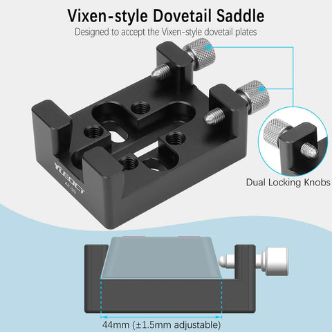 Telescope Dovetail Saddle Clamp Mount Base for Vixen Style Dovetail Plate with dual thumbscrew lock and M6 slots.
