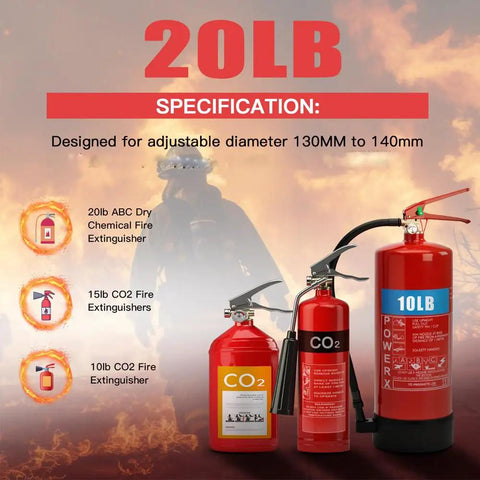 Heavy Duty Vehicle Fire Extinguisher Mount Bracket Fits 20Lb ABC, 10Lb CO2, Or 15Lb CO2 Extinguishers shown with fire background