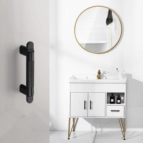 Cabinet Pulls Set With Three And Three Quarters Inch Center To Center, Grippy Knurling Handles, mounted on white cabinet