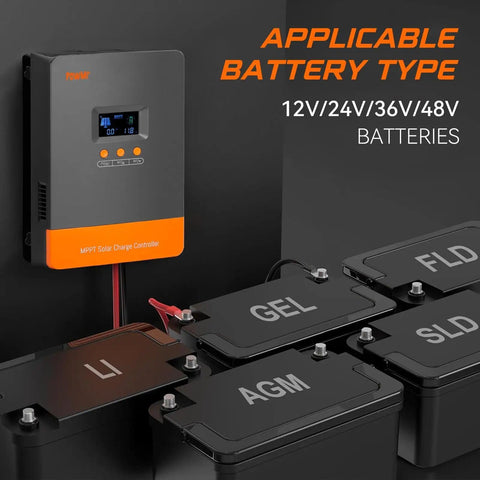 Image of Boss 100 Amp MPPT Solar Charge Controller with LCD Display next to various battery types, applicable for 12V/24V/36V/48V systems.
