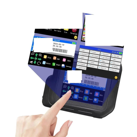 Snazzy 0.5 Inch Portable Mini Touchscreen Inkjet Printer For Quik QR Barcode And Expiration Date Labels With Two Ink Cartridges view showing touchscreen and interface.
