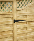 Beefy Heavy Duty Black T Strap Shed Door Hinges on a wooden gate, part of a 25 1/4 inch rustic flush mount iron hardware set