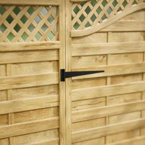 Beefy Heavy Duty Black T Strap Shed Door Hinges on a wooden gate, part of a 25 1/4 inch rustic flush mount iron hardware set