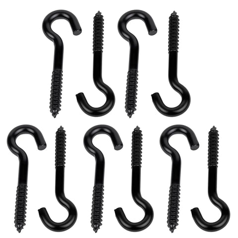 Beefy 3/8 X 4.5 Inch Steel Screw Hooks 10 Pack Tough Self Tapping Eye Bolts With Open Loop for hanging, black finish