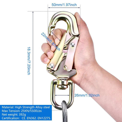 Hand holding 2 Pack Steel Wire Core Flipline Kit 1/2 Inch By 8 Feet For Tree Climbing Lanyard with measurements and specifications.