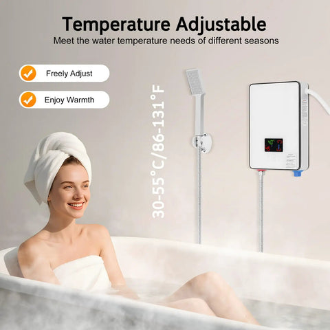 Top Shelf Electric Tankless Water Heater 110V 4500W for Sink and Bath, adjustable temperature, woman enjoying warm bath