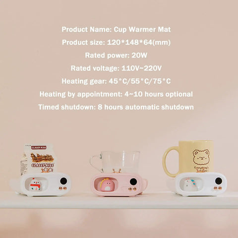 Skip The Lukewarm Vibes Keep Your Morning Brew Sweating Hot On Any Desk With This Smart Electric Coffee Mug Warmer Boasting Three Custom Temp Settings And Fail Safe Auto Shut Off Shield, featuring a white and pink cup warmer mat with two mugs.