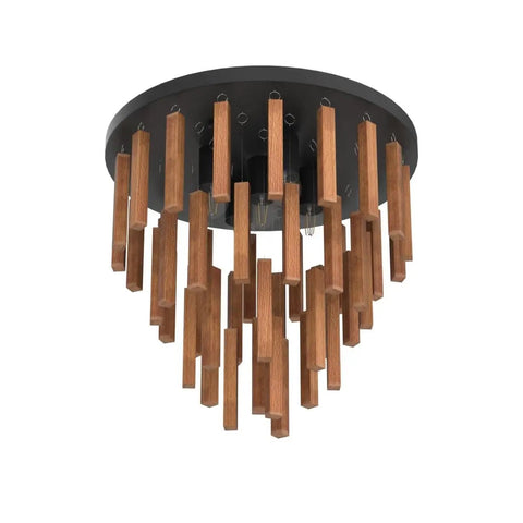 5 Light Rustic Oak And Black Semi Flush Mount Ceiling Fixture With E26 Base, Vintage Chandelier Style close-up view
