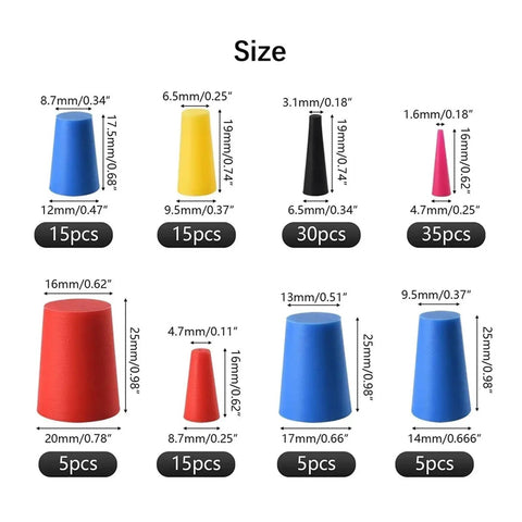 Top Quality Conical Silicone Stopper 125 Piece Assortment Kit For Various Tubing Needs. Durable Rubber Plugs With Tapered Shape Seal Bottles And Containers Tight. Acid Alkali Resistant Heat Proof Caps Make This Set Perfect For Labs Workshops Or Home DIY. size chart with assorted silicone stoppers and piece counts