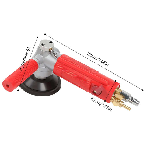 4-inch pneumatic wet stone polisher with red grip, brass fittings, and suction base for marble and granite polishing.