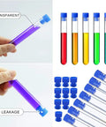 Hand holding a transparent test tube with blue cap. Colored test tubes and additional blue caps shown. No leakage feature highlighted.