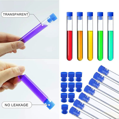 Hand holding a transparent test tube with blue cap. Colored test tubes and additional blue caps shown. No leakage feature highlighted.