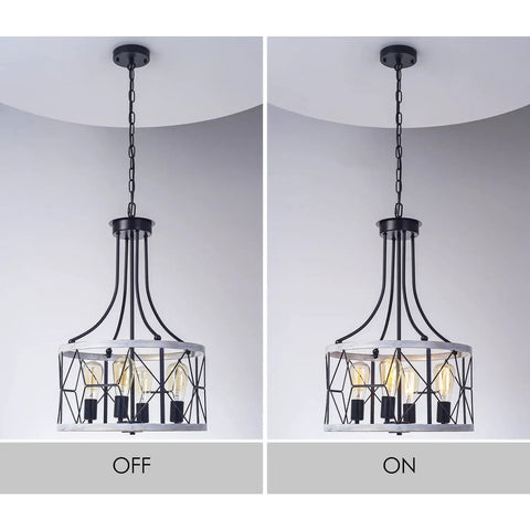 Farmhouse Round Pendant Chandelier 4 Light Cage Ceiling Light 17 Inch Drum Hanging Lamp Fixture Rustic Metal Flush Mount Chandelier For Dining Room Kitchen And Foyer Black And White Finish With Retro Vibe.