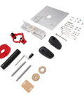 Adjustable Aluminum Router Lift System With Stainless Steel Support Rods For Built Like A Tank Durability And Smooth Vertical Depth Adjustment includes components like plates, rods, and handles.