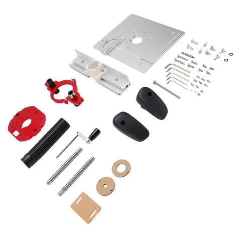 Shop Ready Rock Solid Aluminum Router Lift System With Precision Table Insert Plate And Stainless Rods For Accurate Hole Positioning and kit components.