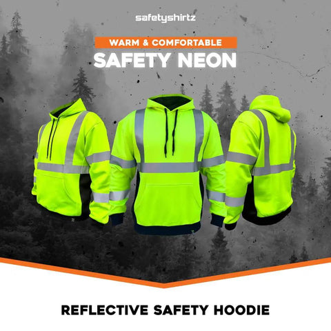 Hi Vis Hoodie For Men Class 3 Type R Meets ANSI ISEA 107 2015 High Visibility Safety Gear Heavy Duty Polyester With Soft Fleece Interior Reflective Hood And Front Panels Double Needle Stitching Yellow XXL For Road Construction, front and side views.