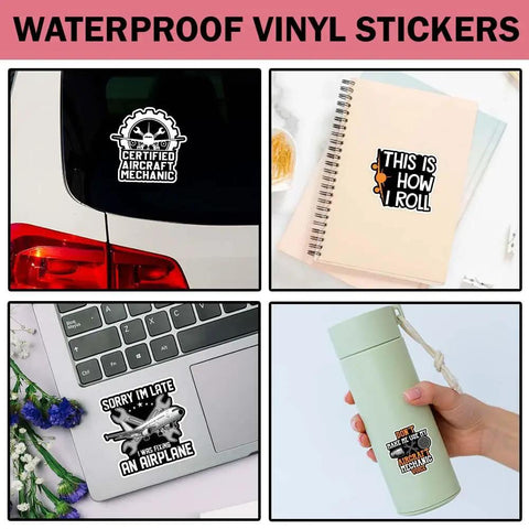 Aircraft Mechanic Sticker Pack Dope 15 Pcs 3x3 Inch Waterproof Vinyl Decals shown on car, notebook, laptop, and flask.