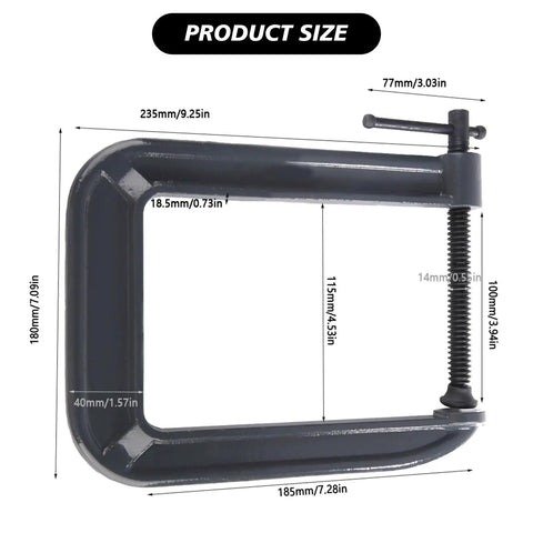 Heavy Duty Deep Throat U Clamp G Style Woodworking Steel Deep Reach C Clamp for DIY Carpentry, dimensions and measurements shown