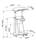 Straight Up Solid Rolling Laptop Cart height adjustable sit stand desk dimensions 80-116cm height, 55cm wide top.