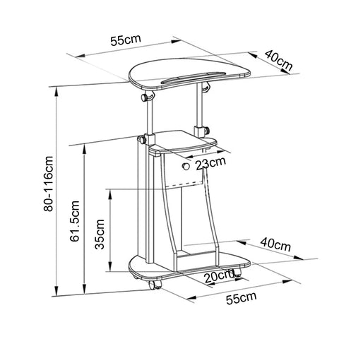 Straight Up Solid Rolling Laptop Cart height adjustable sit stand desk dimensions 80-116cm height, 55cm wide top.