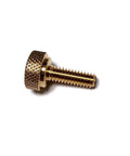 Five Pack 1/4-20 Knurled Shoulder Brass Thumb Screws With Flat Tip For Secure Grip 1-1/16 Inch Overall Length shown in side view